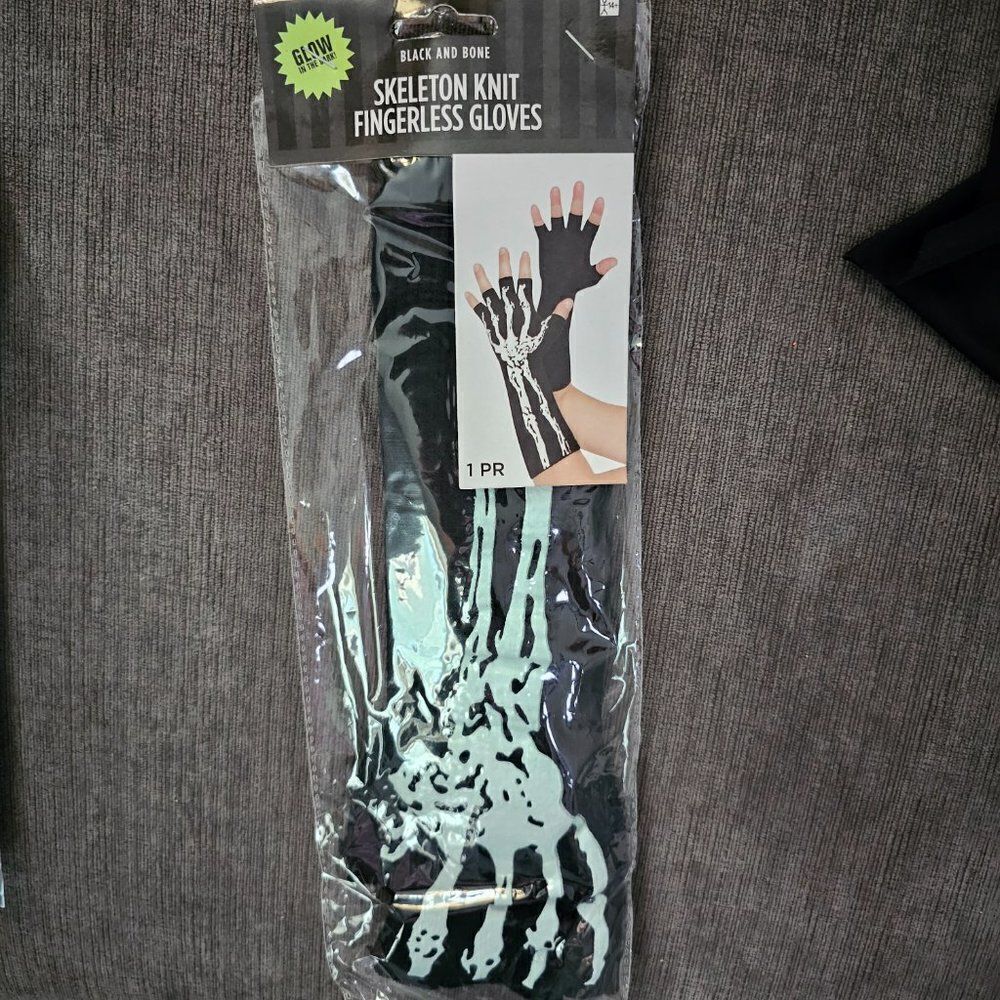 New Black Bone Skeleton glow in the dark Knit Fingerless Costume Gloves